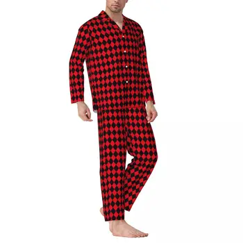 Геометрические пижамы Осень Черный И Красный Клетка Повседневная Пижама Оверсайз Комплект Мужчины С Длинным Рукавом Теплый Дизайн Комнаты Ночное Белье