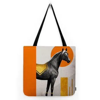  Мода Оранжевая Лошадь Элегантная Водостойкая Хлопковая Льняная Сумка Шоппер Плечо Современная Эстетическая Стильная Складная Сумка