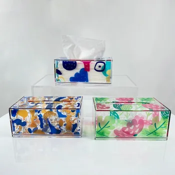  Креативная акриловая коробка для салфеток Прозрачный прямоугольный стол Бумажный рисунок Коробка для хранения без перфорации Коробка для хранения абстрактного узора