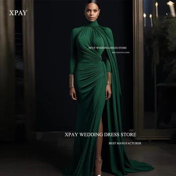 XPAY Элегантные изумрудно-зеленые вечерние платья русалки с длинными рукавами и высоким вырезом со складками Split Formal Party Event Выпускные платья 2024