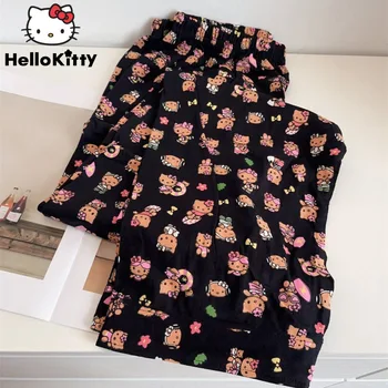 Sanrio Гавайи Hello Kitty Женщины Домашние брюки Новые Осень Зима Y2k Девушки Мода Плюшевые Брюки Свободные Повседневные Теплые Спальные Штаны