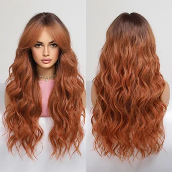 oneNonly Длинный рыжий оранжевый парик Челка Волнистые парики для вечеринок Плюшевые ежедневные женские парики с натуральными волосами Высококачественный синтетический парик