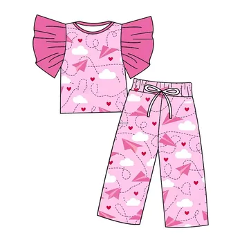 Детская одежда Наряды ко Дню святого Валентина Бумажный самолетик Облако ткань розовый костюм одежда для девочек детская Комплект брюк с коротким рукавом
