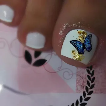 24PCS Симпатичные Синие Бабочки Накладные Ногти На Ногах с Золотой Фольгой Дизайн Летний Стиль Девушка Женщины Квадратные Накладные Ногти Ногти Полный Чехол Носимый