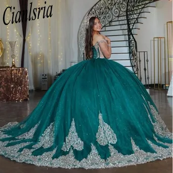 Темно-зеленые платья Quinceanera Платья с открытыми плечами Средневековое выпускное платье Аппликация на шнуровке vestido de 15 Anos Robe Ball16 Платья