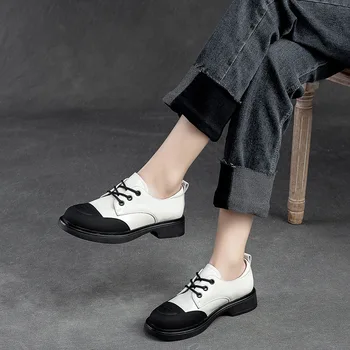 Женская кожаная обувь Повседневная черная обувь в уличном стиле Женская обувь ручной работы из натуральной кожи на плоской подошве на низком каблуке2023