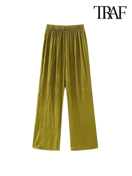 TRAF-Женские атласные прямые брюки, складной эффект, высокая талия, эластичный пояс, женские брюки, мода