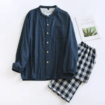 Японские простые пижамные комплекты с двойной марлей Мужская пижама уютная повседневная пижама с длинным рукавом из чистого хлопка мужская домашняя одежда