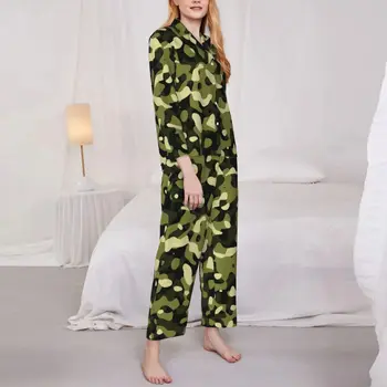 Камуфляж Зеленые пижамные комплекты Армейские камуфляжные принты Романтические пижамы Женщины с длинным рукавом Винтаж Сон 2 шт. Ночное белье большого размера