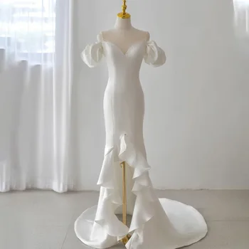 французский современный спагетти с V-образным вырезом с оборками Сексуальное горячее свадебное платье принцессы русалки мягкое атласное vestido de novia на заказ