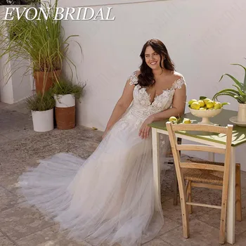 EVON BRIDAL Boho Illusion Свадебное платье Большие размеры Аппликация A-Line Спинка 3/4 рукава Платья невесты Тюль vestidos novias boda