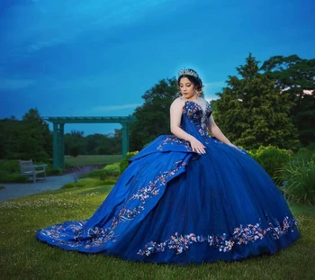 Royal Blue Princess Quinceanera Платья Бальное платье Милая Тюль Аппликации Sweet 16 Платья 15 Años Мексиканский