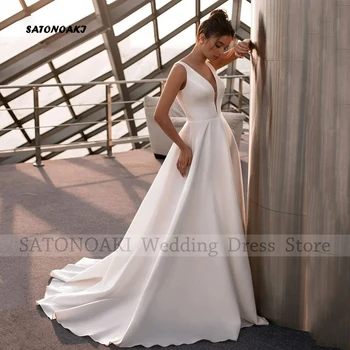 Элегантное простое атласное свадебное платье с V-образным вырезом для женщин A-Line Sweep Train Платья невесты без спины Vestidos De Novia Custom
