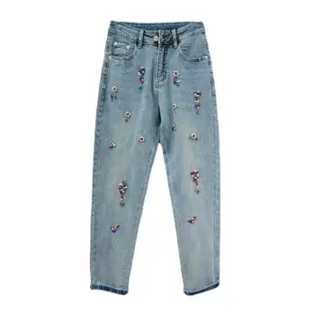 2023 Весенние джинсы с бриллиантами для женщин Модные джинсовые брюки с высокой талией Женские повседневные прямые брюки w584