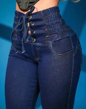  Повседневные узкие джинсы с высокой талией для женщин Люверс Люверс Шнуровка Карман Дизайн Однотонная Мода Женские Джинсовые Брюки