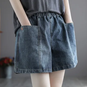 модные однотонные свободные джинсовые шорты женская одежда летняя новая корейская винтаж простота эластичные карманы на талии шорты