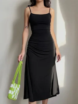 Мода Ремешки Рюши Сексуальное Черное Платье Нерегулярное Элегантное Длинное Платье С Открытой Спиной Вечерние Летние Платья Женщины 2023 Одежда
