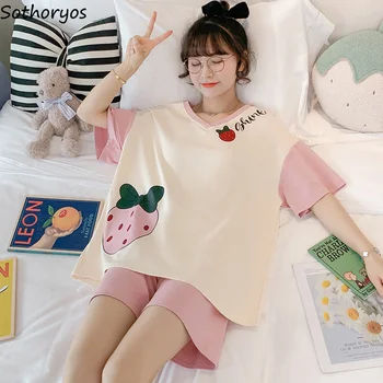 Пижамные комплекты Женские пижамы Топы для сна Домашняя одежда Kawaii Комплект из двух частей Летняя пижама Свободная повседневная Harajuku Комфорт Хлопок Новый
