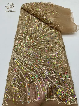 Мода Африканские бусины Кружевная ткань 2023 Высокое качество Французский роскошный жених Тюль Кружево Нигерийская кружевная ткань с пайетками для свадебного платья
