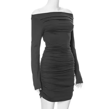 Платье Sheah Элегантное плиссированное мини-платье с открытыми плечами для женщин Облегающее однотонное платье-футляр для вечеринок с длинным рукавом сверху