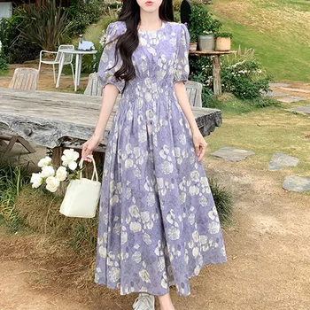 летнее винтажное облегающее платье с принтом французский стиль элегантный короткий рукав эластичная талия фиолетовый женские платья женские вечерние vestidos