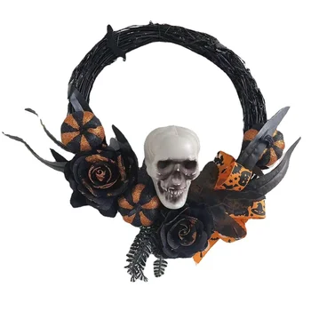 Венок на Хэллоуин Венок из искусственного черепа Венок ручной работы из черной виноградной лозы с лентой тыквы и розы Украшения для входной двери