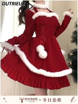 Осень и зима Новое женское винтажное бархатное платье с длинным рукавом Сладкое красное платье средней длины с талией для похудения на холтере для женщин