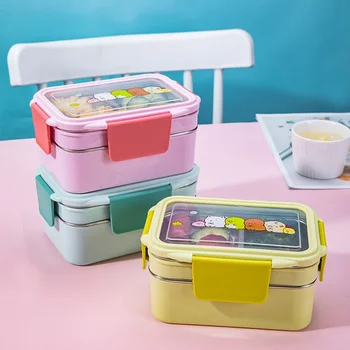 Портативная коробка бенто из нержавеющей стали, двухслойная мультяшная коробка для еды, микроволновая печь, ланч-бокс для детей, школа пикника