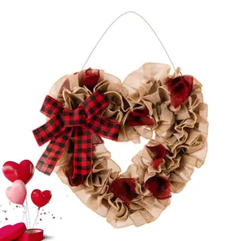 Венок в форме сердца для двери Искусственные венки в форме сердца со знаком венка Украшения ко Дню святого Валентина с тканевым бантом и венком Знак для