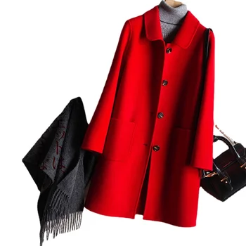 Винтажное шерстяное пальто Женская осенне-зимняя куртка с длинным рукавом и воротником для куклы Женская мода Элегантное свободное однотонное пальто T327