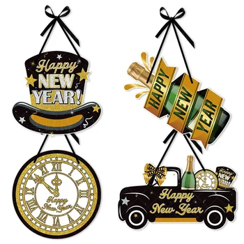 2024 Новогоднее украшение Черное золото Пиво Авто Часы Шляпа Дверь Висячие Подвески Счастливые 2024 Новогодние украшения