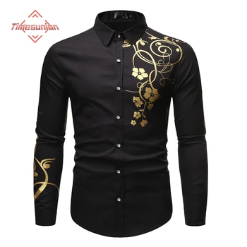 Черная рубашка с принтом золотого цветка Мужчины 2024 Весна 2024 Новый Slim Fit С длинным рукавом Мужские классические рубашки Вечеринка Повседневная мужская социальная рубашка