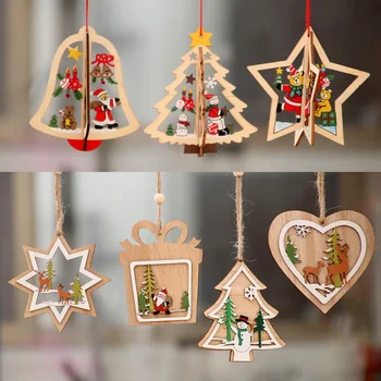 рождественские украшения, деревянные рождественские выдолбленные лазером маленькие подвески для рождественской елки, деревянные подвески-колокольчики-пентаграммы, подарки