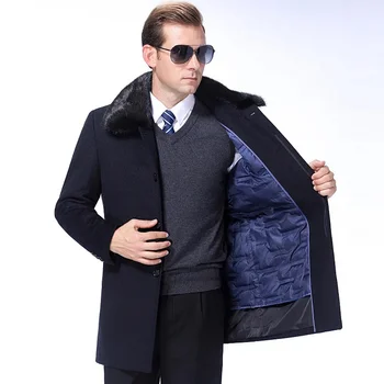 Мужское шерстяное пальто утолщенное съемное внутреннее клапан Real Rex Rabbit Мех Воротник Пальто для мужчин Деловая куртка Мужская одежда FCY4652