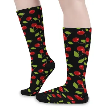 Симпатичные вишневые носки Зеленые листья Повседневные чулки Осенние антибактериальные женские мужские носки Мягкие дышащие пользовательские носки для бега