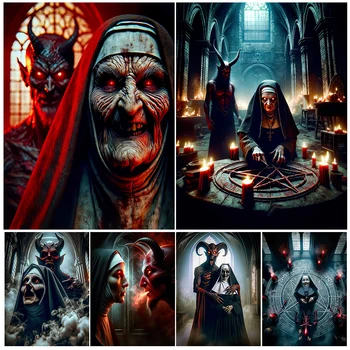 Одержимая демоном монахиня и волшебный круг Винтаж Настенное искусство Холст Рисование Страшная монахиня и Сатана Искусство Плакат Печать Украшение дома