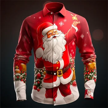 Санта-Клаус Мужская одежда Рождественские рубашки и блузки Рубашка с 3D-принтом Мужская пляжная одежда оверсайз с длинными рукавами
