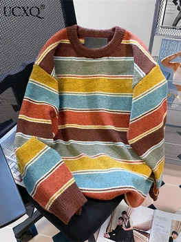 UCXQ Негабаритный красочный полосатый вязаный свитер с пуловером Женский 2023 осень-зима Толстые теплые джемперы с длинным рукавом и круглым вырезом 23A6180