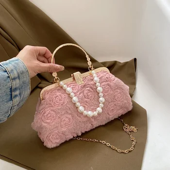  супер мягкая плюшевая жемчужная цепочка сумочка романтическая роза цветок узор плечо сумка роскошная дизайнерская тенденция однотонная женская сумка