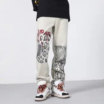 High Street Леопардовые джинсы с вышивкой Мужская мода Хип-хоп Винтаж Свободные прямые брюки Длинные повседневные брюки в стиле пэчворк