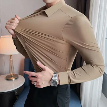 2023 Новая эластичная деловая мужская рубашка с длинными рукавами, однотонная, без глажки, устойчивая к морщинам, бесшовная, тонкая и дышащая
