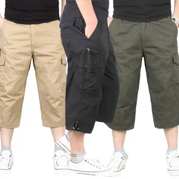 3XL Мужчины Однотонные дышащие карманные свободные прямые укороченные брюки Брюки