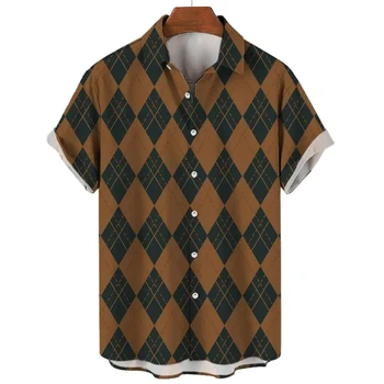  Винтажная рубашка для мужчин Летняя мужская 3d клетчатая рубашка с коротким рукавом Высококачественная гавайская толстовка с лацканами Большой размер Мужской топ