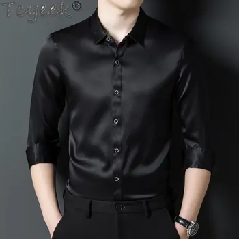 Tcyeek 92.5% Mulberry Real Silk Рубашка 2023 Мода Мужская рубашка с длинными рукавами Мужские блузки Деловая повседневная черная рубашка Сорочка CJK