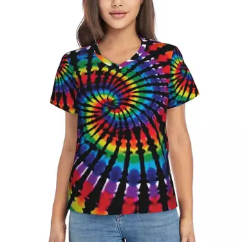 Спиральная футболка с галстуком Rainbow Y2K Funny Футболки Женская повседневная футболка с V-образным вырезом 2024 Летние футболки с коротким рукавом на заказ