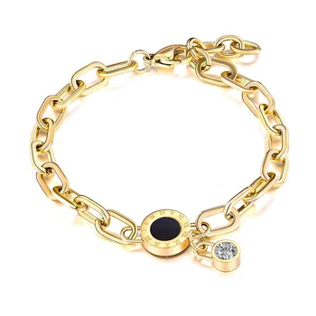 Настоящее 18-каратное золотое покрытиеводонепроницаемый 316L ювелирные изделия с покрытием из нержавеющей стали золотой римский женский браслет с шармом