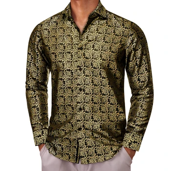 Дизайнерские рубашки для мужчин Шелковые С длинным рукавом Золотой Черный Цветок Облегающий Мужской Блузки Повседневные Формальные Топы Дышащий Barry Wang