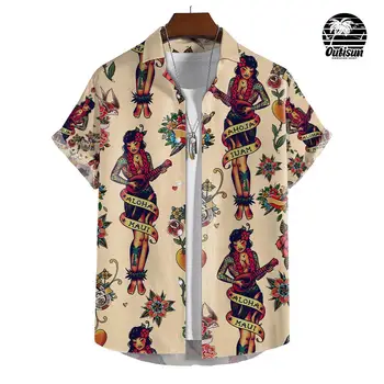 Гавайская рубашка Мужская мода Забавный дизайн Принт Блузка Однобортная пляжная с коротким рукавомТопы Оверсайз Мужская праздничная одежда