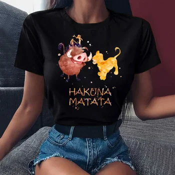Женская футболка Disney Hakuna Matata Забавная одежда с графическим принтом Топы Мода Повседневная Мультфильм O-образный вырез Футболка с коротким рукавом Женская