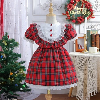 Рождественское красное клетчатое платье для девочки с коротким рукавом кружевная отделка рождественские платья вечернее платье новогодний костюм